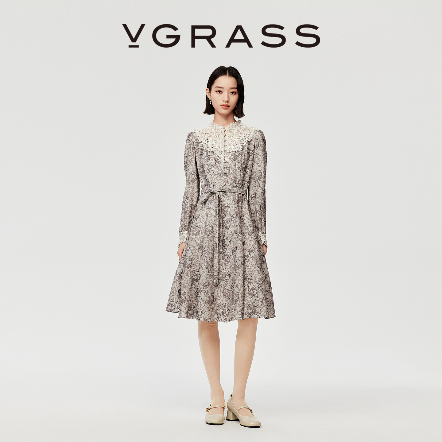 VGRASS绵羊毛混纺X收腰连衣裙