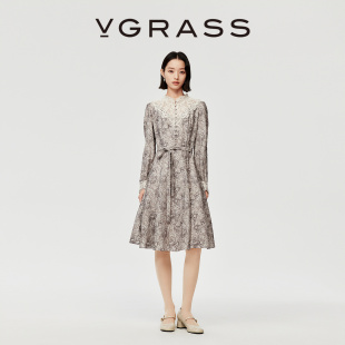 VGRASS25冬季 立体肌理刺绣水溶蕾丝领绵羊毛混纺X收腰连衣裙 新款