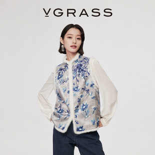 VGRASS26春季新款华丽缎光感组合绣花小立领宽松马甲水貂毛边女