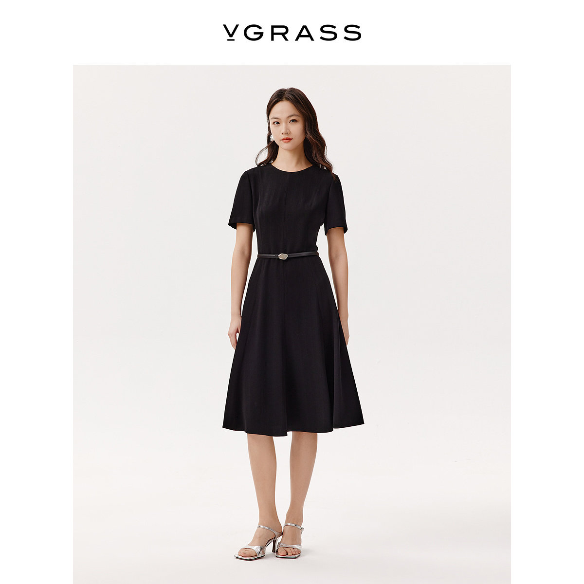 VGRASS三醋酸混纺爽滑收腰连衣裙