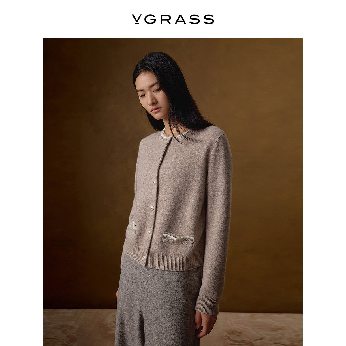 VGRASS羊毛羊绒撞色蕾丝针织开衫