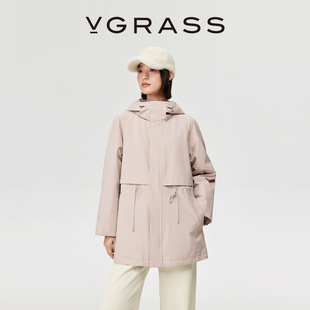 VGRASS25冬新款连帽风衣式90鹅绒可调抽绳中长款粉红色羽绒服外套