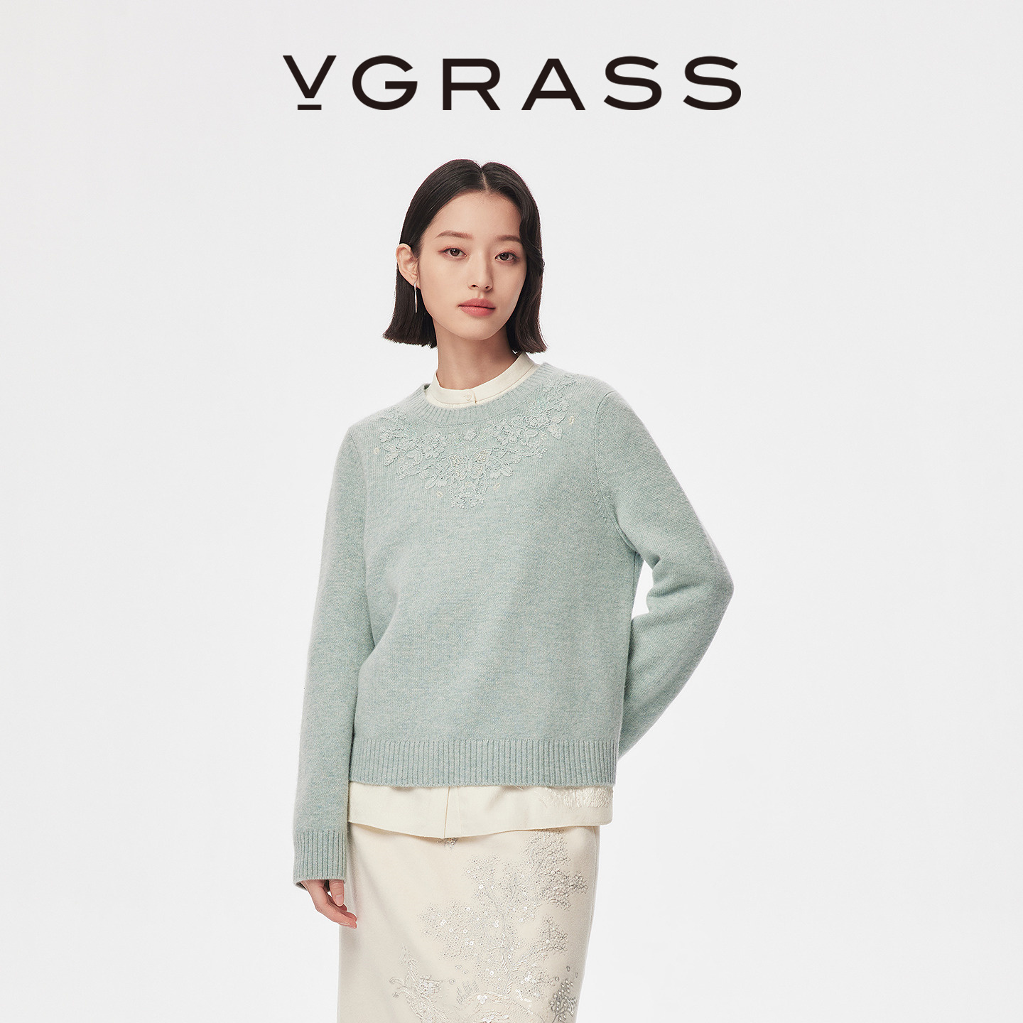 VGRASS绵羊毛混纺刺绣针织衫
