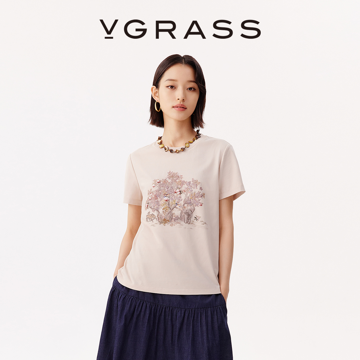 VGRASS立体珠片绣棉T恤