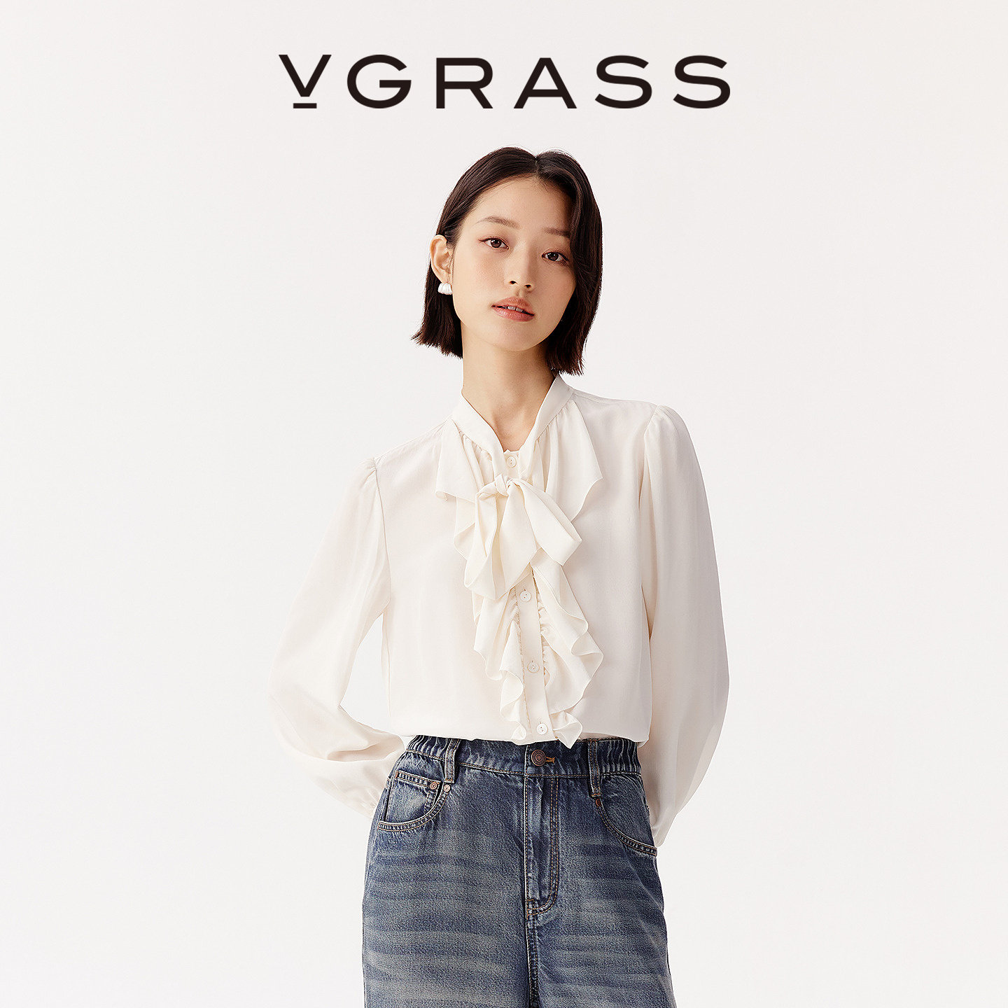 VGRASS秋冬新款柔薄18MM双绉真丝长袖法式荷叶边领衬衫上衣
