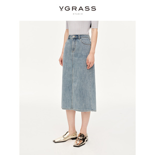 棉质直筒半裙 VGRASS水洗蓝撞色明线牛仔半身裙女24年春季 新款