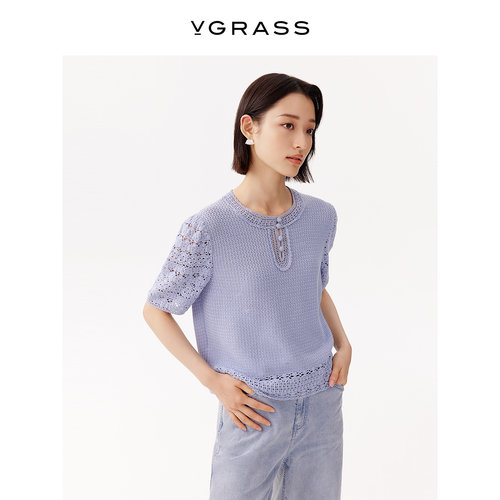 VGRASS棉醋酸仿手钩肌理短袖针织