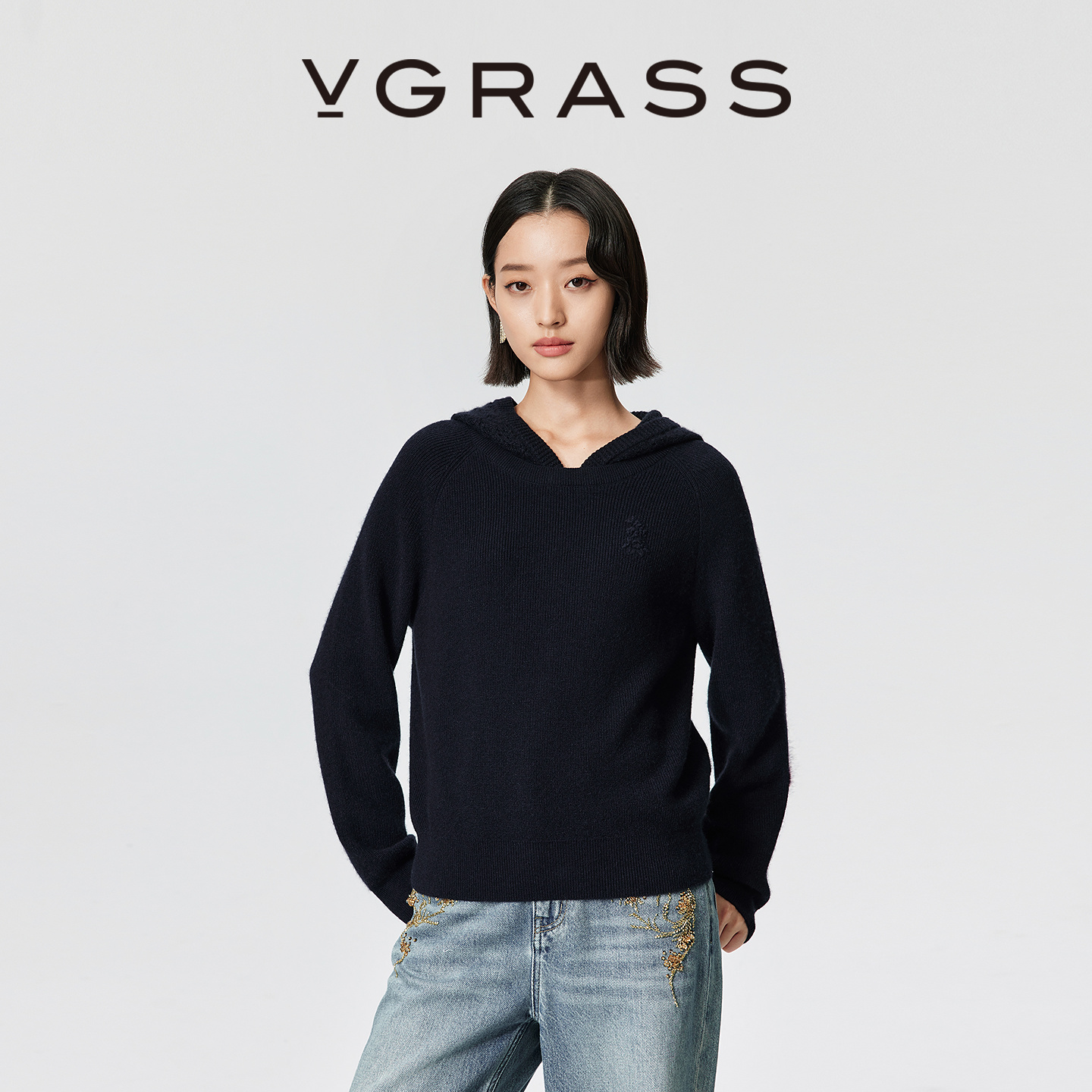 VGRASS羊绒连帽休闲针织衫