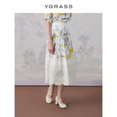 新款 高腰显瘦半身裙VSB2O24080 VGRASS椰子树花型黄色捏褶半裙夏季