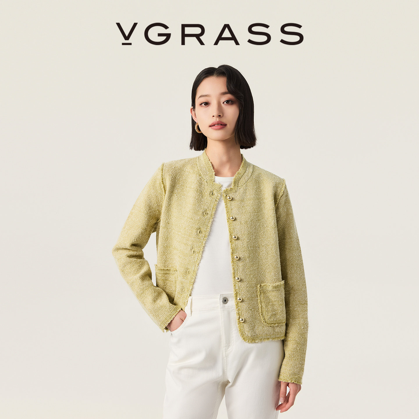 VGRASS维格娜丝春季新款小香风混色花纱针织衫花呢长袖开衫外套女
