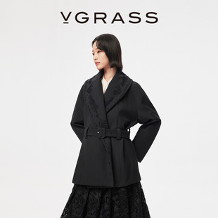 【马上有戏】VGRASS25冬季新款盘绳绣花翻领90白鹅绒短款羽绒服女