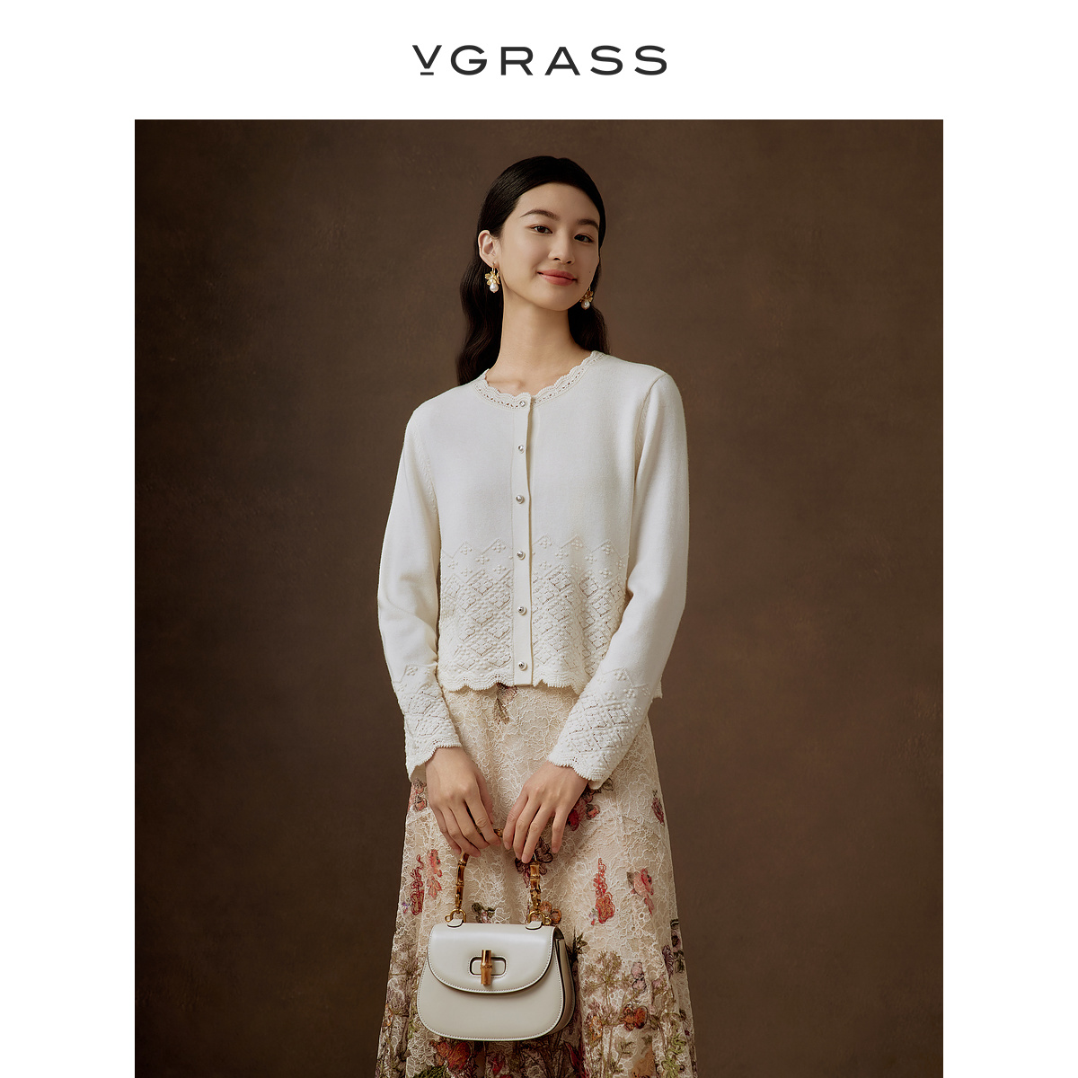 VGRASS绵羊毛艺术镂空挑孔针织衫