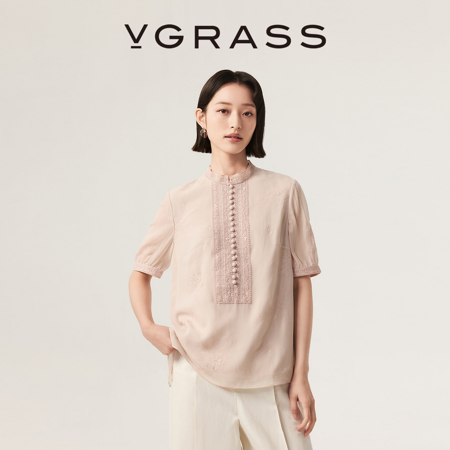 VGRASS维格娜丝26夏季新品艺术镂空蕾丝花边减龄泡泡袖真丝衬衫女