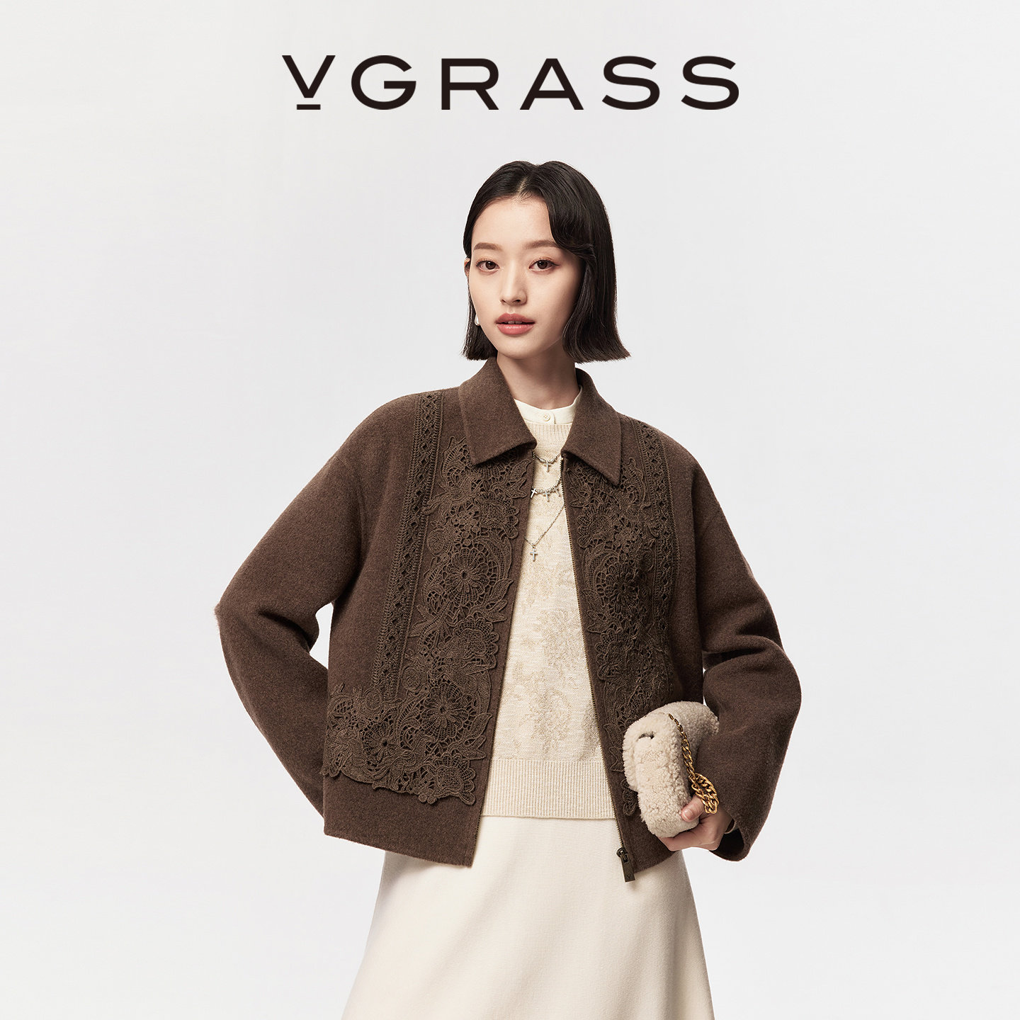 【马上有戏】VGRASS26早春新款水溶刺绣绵羊毛混纺毛呢翻领短大衣