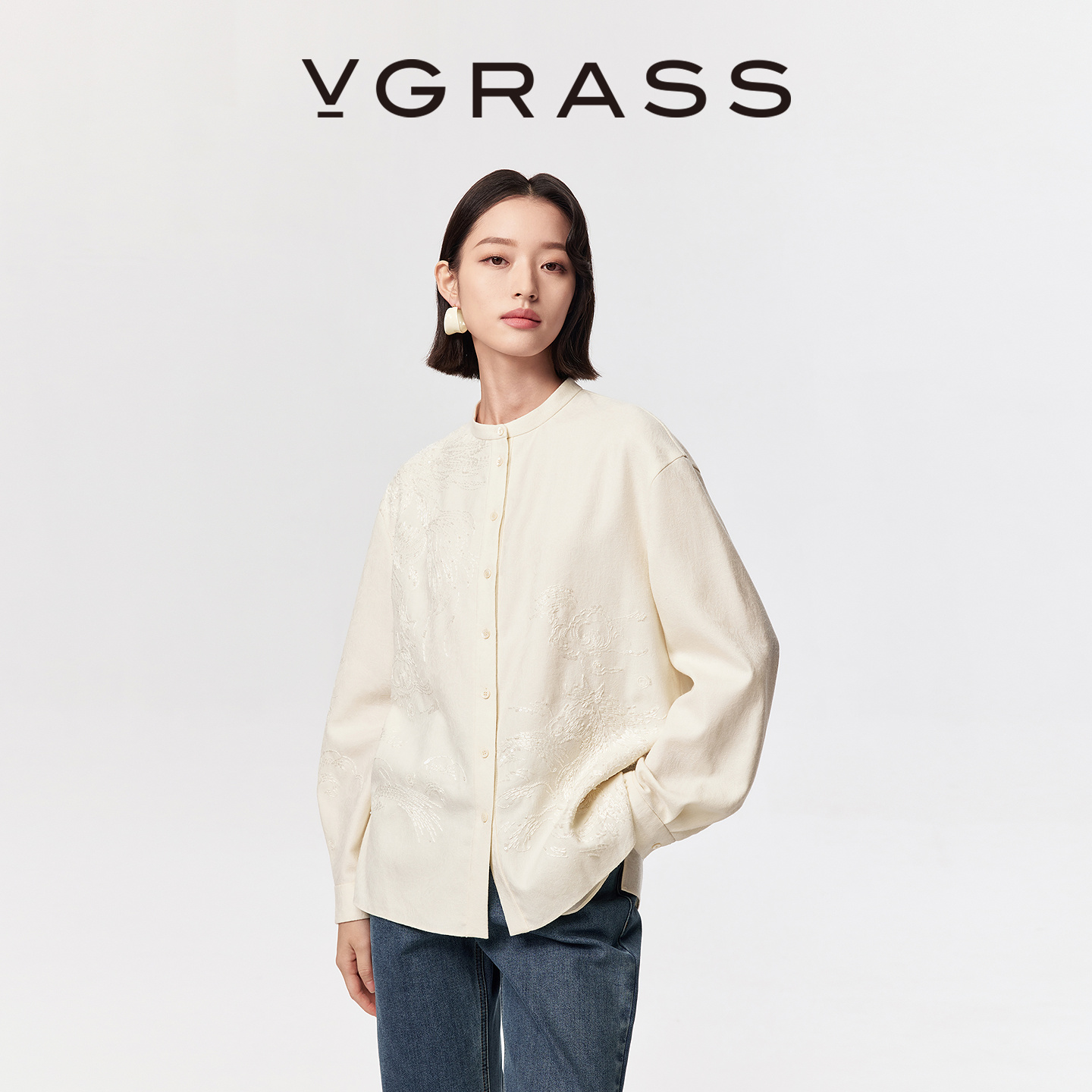 VGRASS绵羊毛提花叠绣衬衫