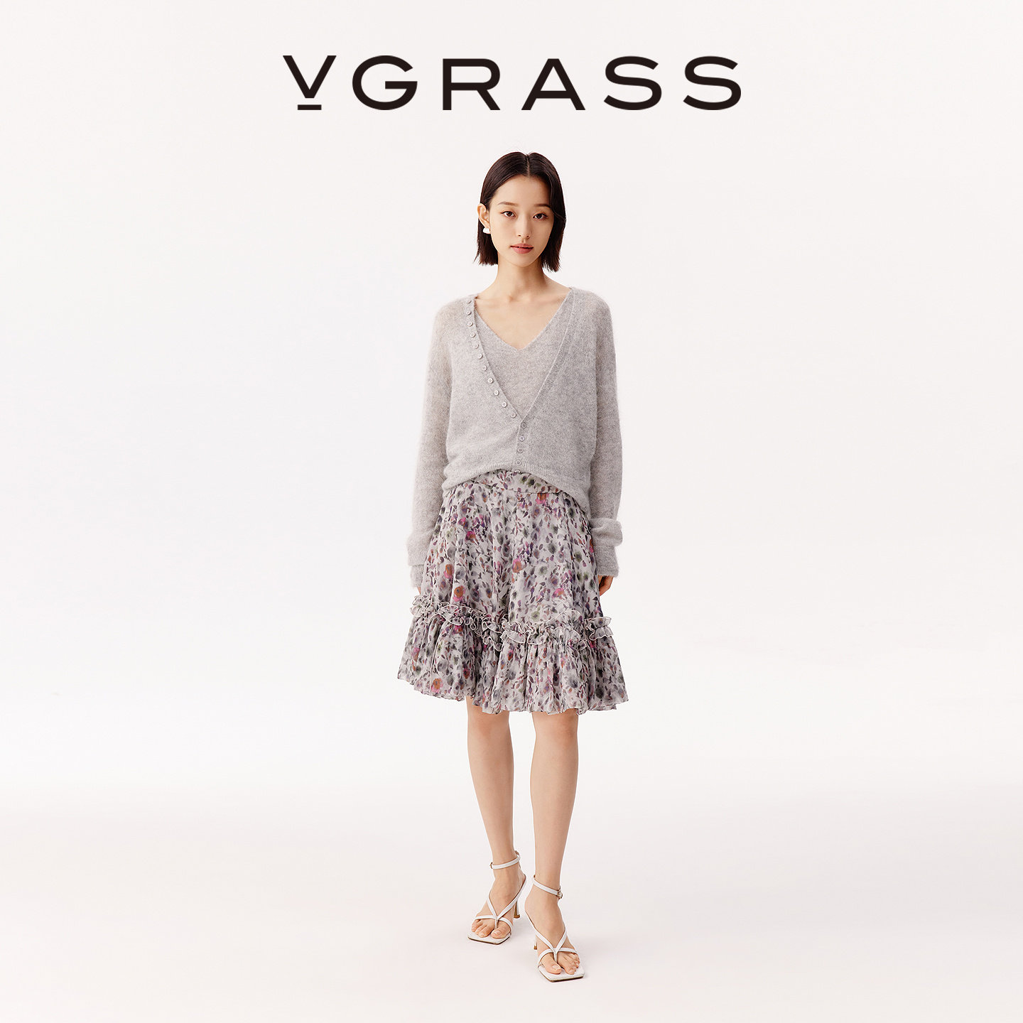 VGRASS秋冬新款水彩晕染8.5MM闪光乔其轻盈灵动高腰木耳边半裙