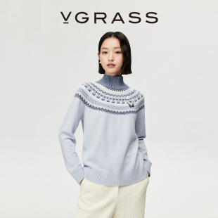 羊毛混纺费尔岛提花云肩高领针织衫 VGRASS25秋冬新款 WISH系列