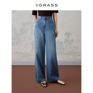 舒适VSK2P2182A 新款 VGRASS复古花型刺绣棉直筒阔腿牛仔裤 女24夏季