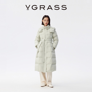 VGRASS冬季新款95绒长款大绒朵羽绒服薄荷绿连帽收腰羽绒外套女