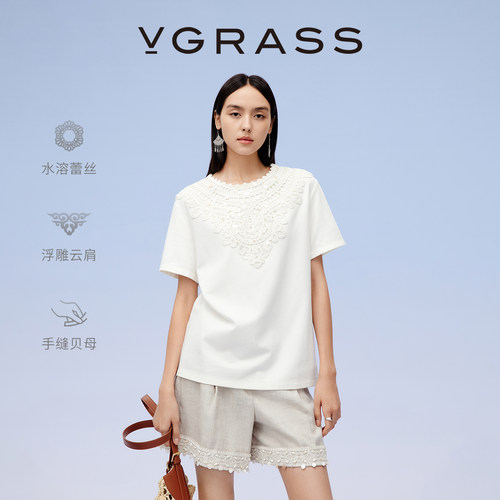 VGRASS短袖盘带绣棉混纺T恤