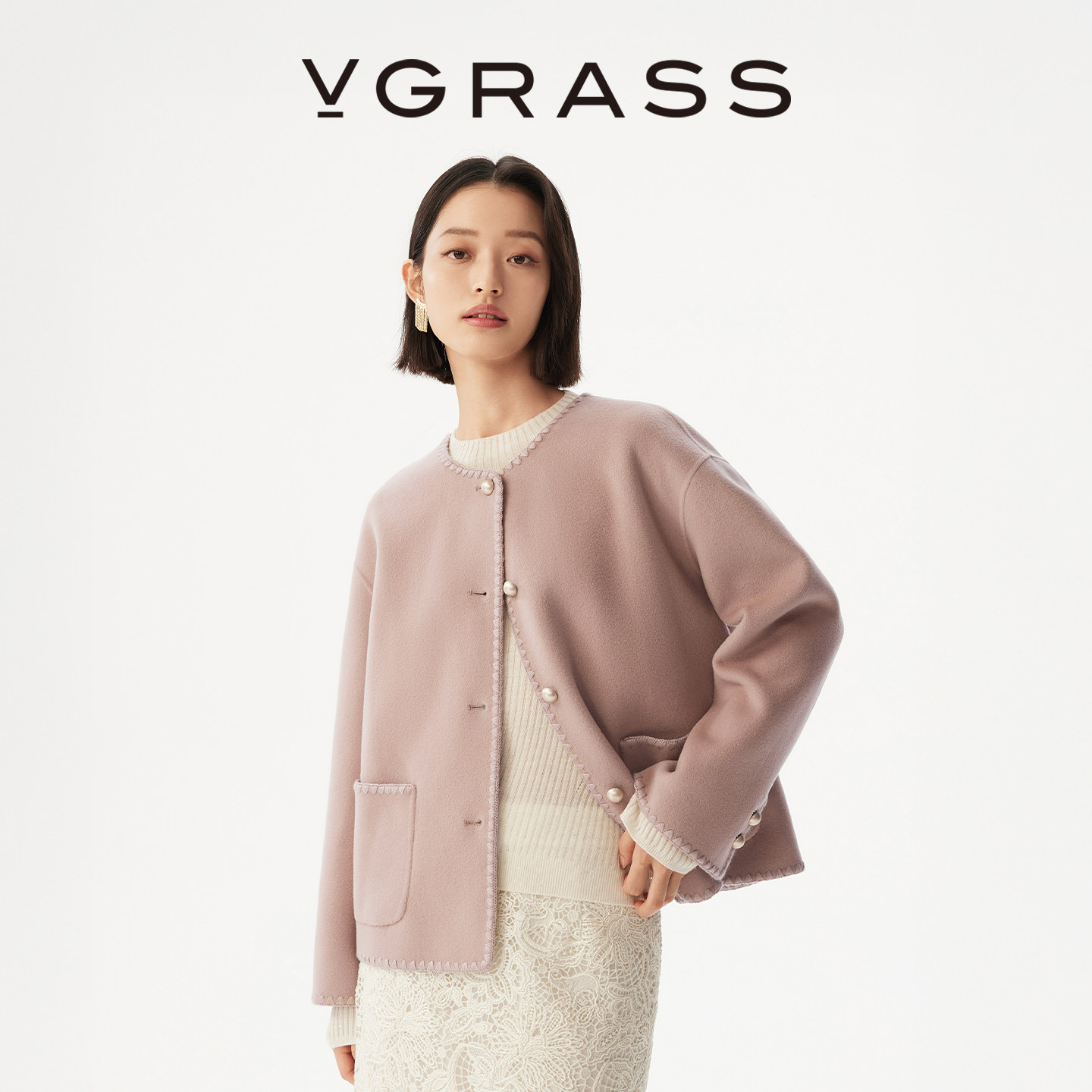 VGRASS羊毛混纺双面呢小香风外套