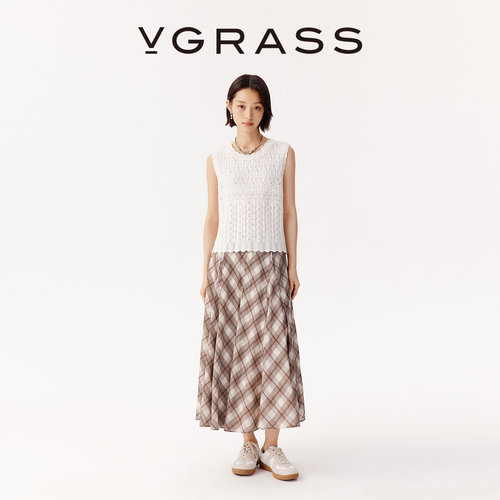 VGRASS格子印花复古半身裙