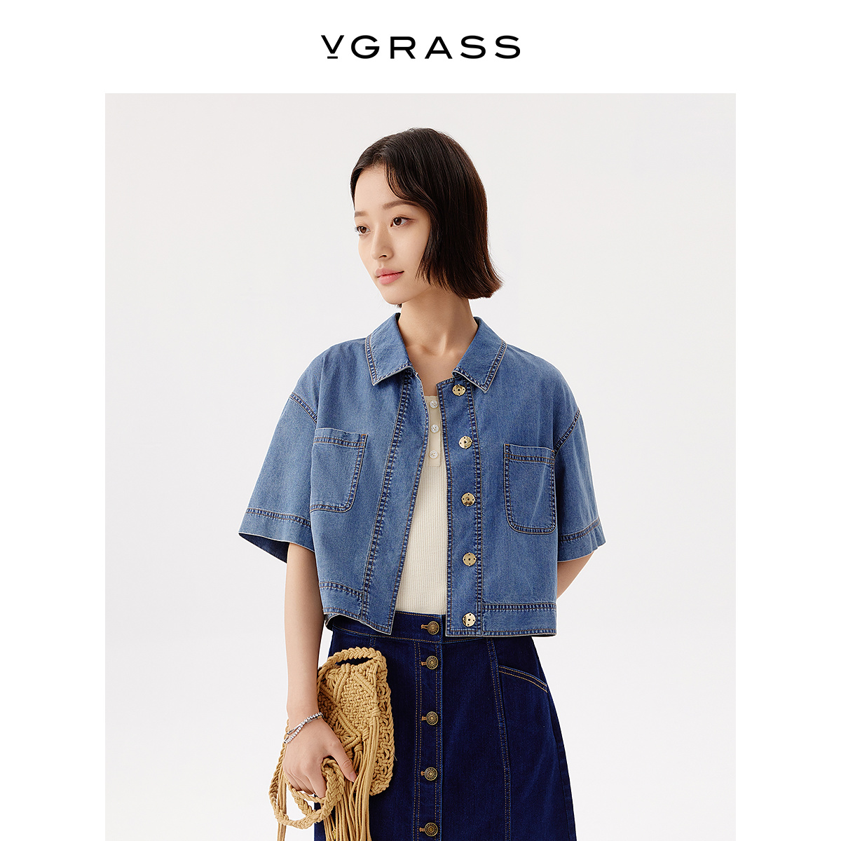 VGRASS时尚短款棉感牛仔衬衫