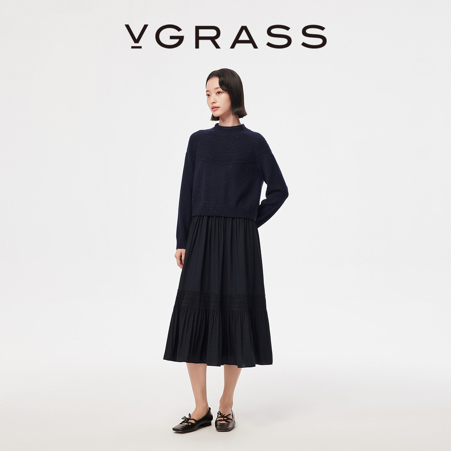 VGRASS25冬季新款珠片纱立体压褶层次拼接假两件连衣裙手钩云肩,女装/女士精品,连衣裙,淘宝优惠券,粉丝福利购,淘宝优惠卷