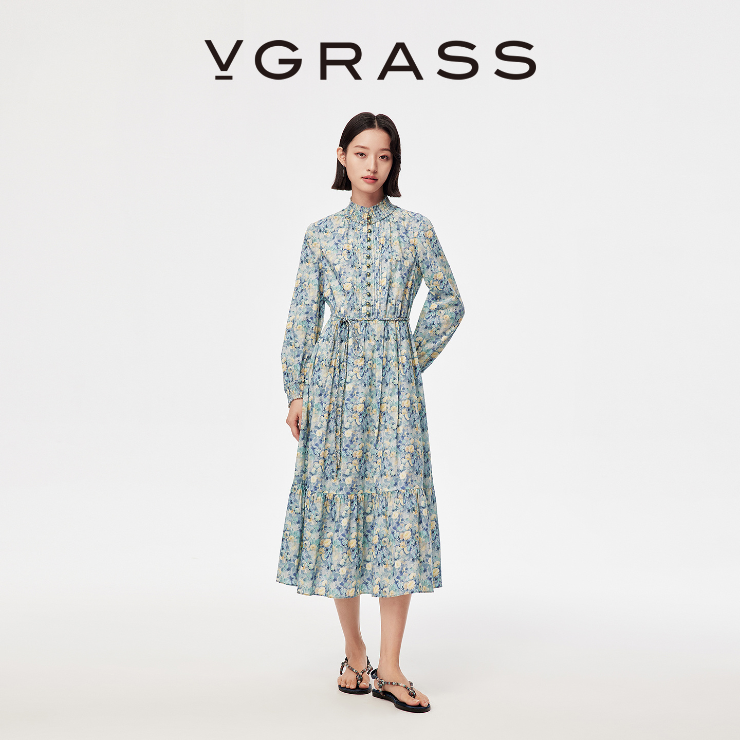 VGRASS棉混纺Liberty印花连衣裙