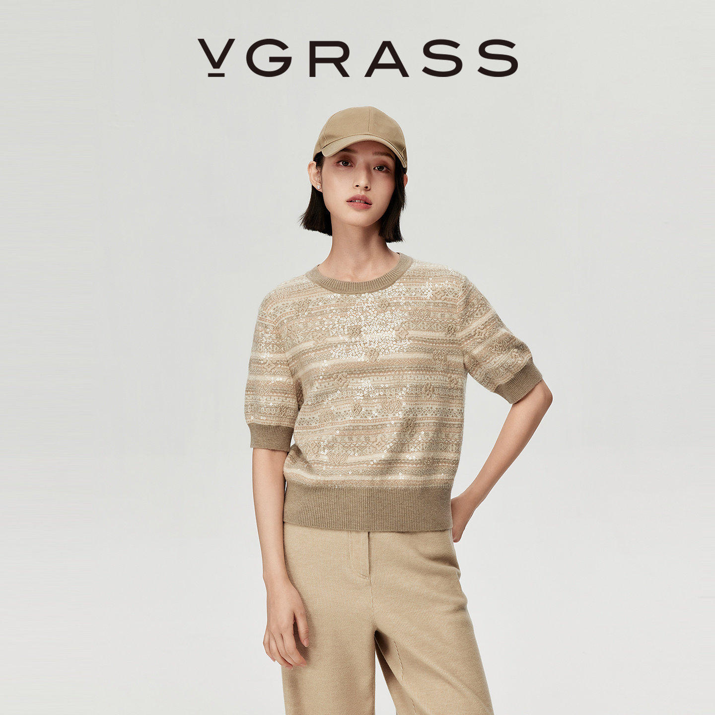 VGRASS25秋冬新款四色费尔岛提花叠闪片羊毛混纺针织衫5分袖圆领,女装/女士精品,毛针织衫,淘宝优惠券,粉丝福利购,淘宝优惠卷