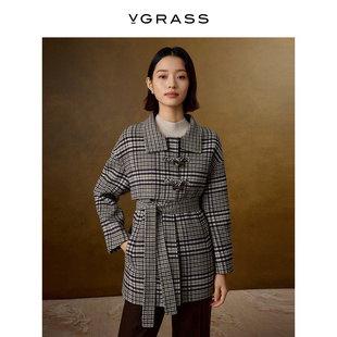 VGRASS絲羊毛格紋冬季 新款 牛角扣盤扣大衣女 復古經典