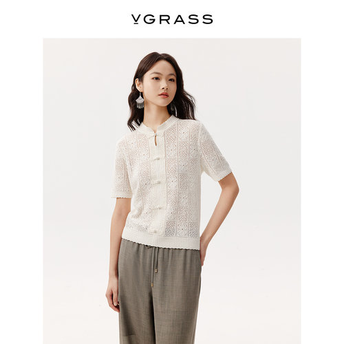 VGRASS仿手钩丝麻镂空针织衫