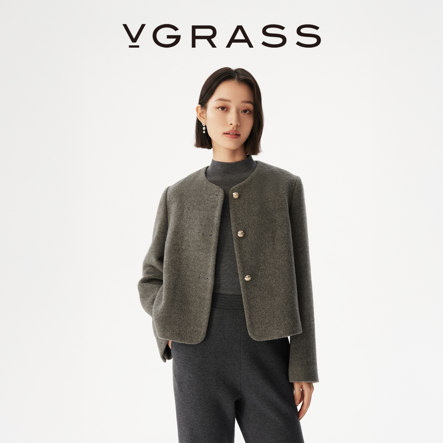 VGRASS绵羊毛混纺毛呢短外套