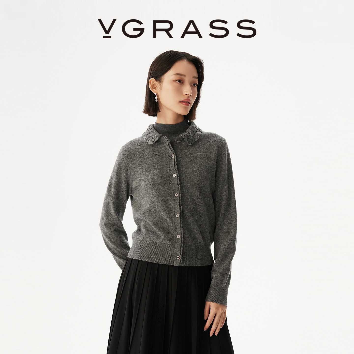 【一片云针织】VGRASS25秋冬新款手钩娃娃领羊毛混纺合身针织开衫,女装/女士精品,毛针织衫,淘宝优惠券,粉丝福利购,淘宝优惠卷