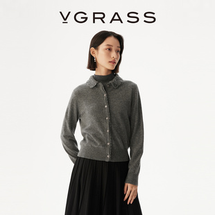 手钩娃娃领羊毛混纺合身针织开衫 VGRASS25秋冬新款 一片云针织