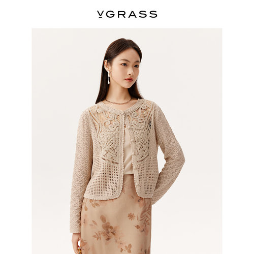 VGRASS多种手钩花型镂空开衫