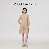 VGRASS26春季 定染蕾丝刺绣包容显瘦低腰节蛋糕摆气质连衣裙 新款