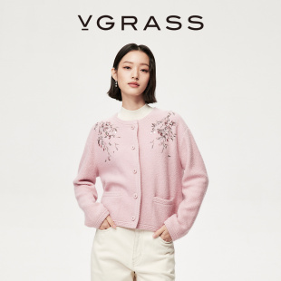 合股纱含羊毛珠片绣圆领针织开衫 VGRASS25冬新款 女 一片云针织