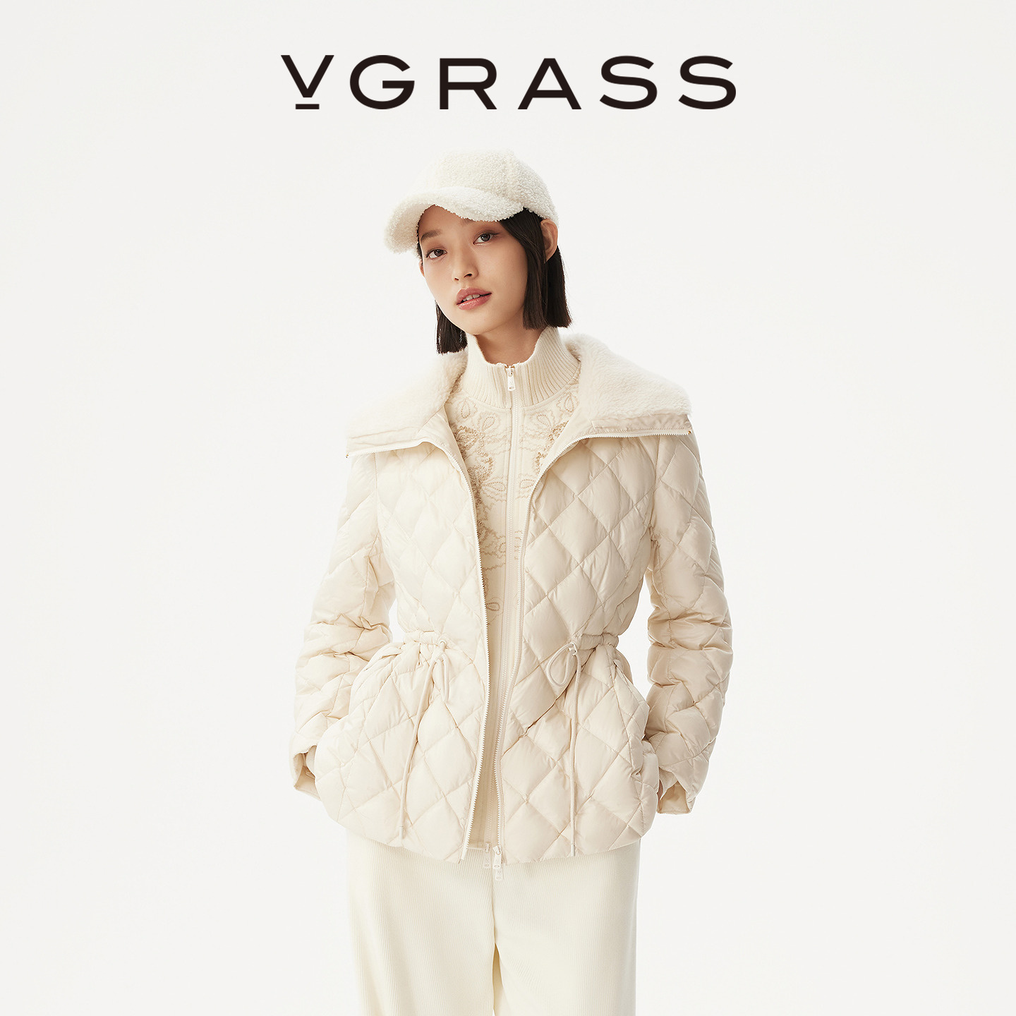 VGRASS假两件拼接针织鹅绒羽绒服