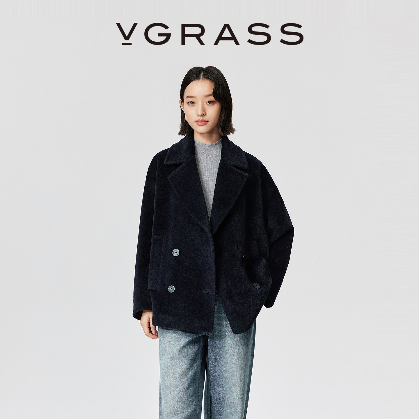 VGRASS羊驼毛混纺西装领大衣