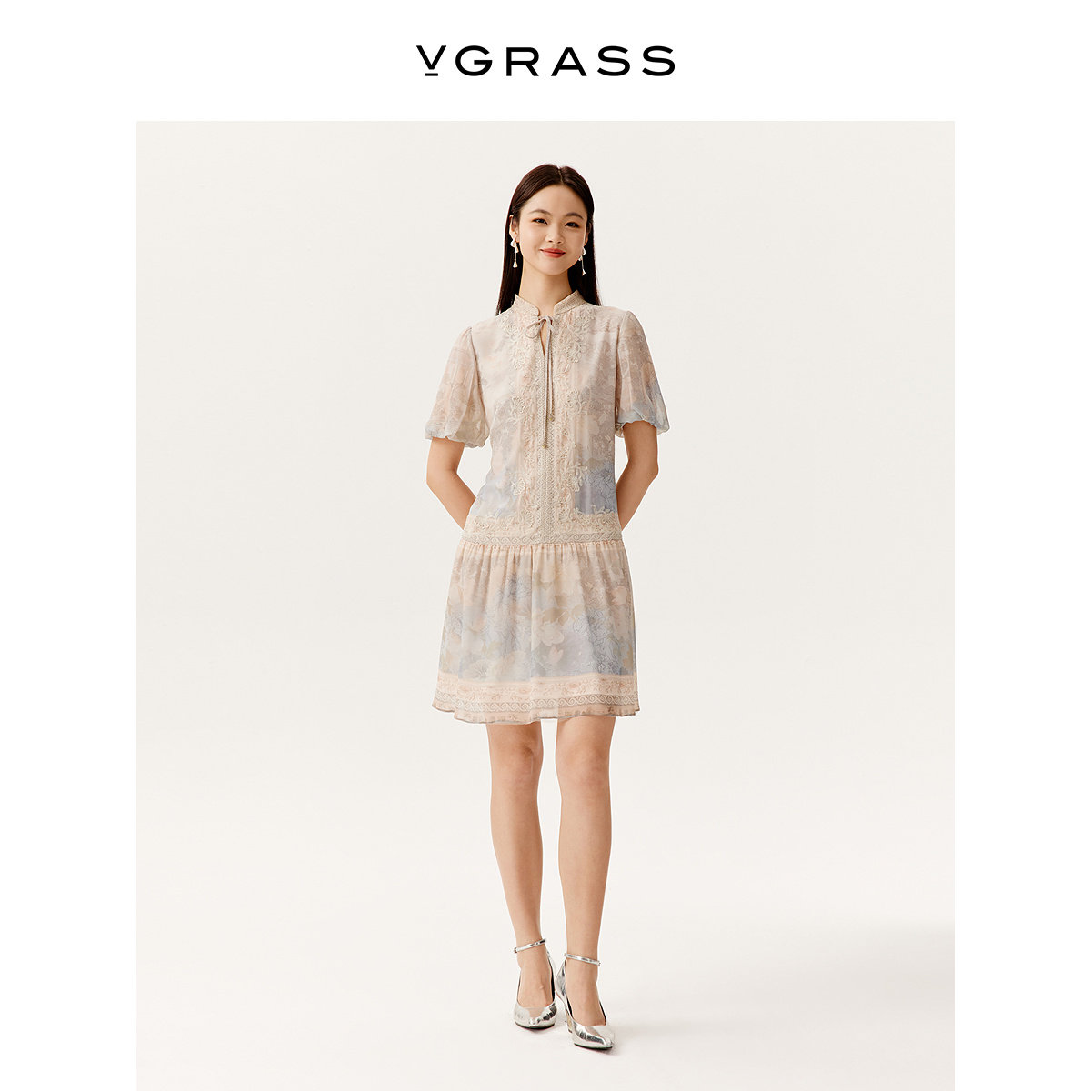 VGRASS网纱刺绣真丝连衣裙