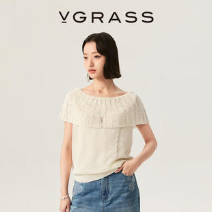 VGRASS维格娜丝26夏新款 女上衣 清爽亚麻混纺珠片纱披肩翻领针织衫