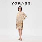 VGRASS26早春新款 绵羊毛混纺含桑蚕丝重工印花叠绣马甲半身裙套装