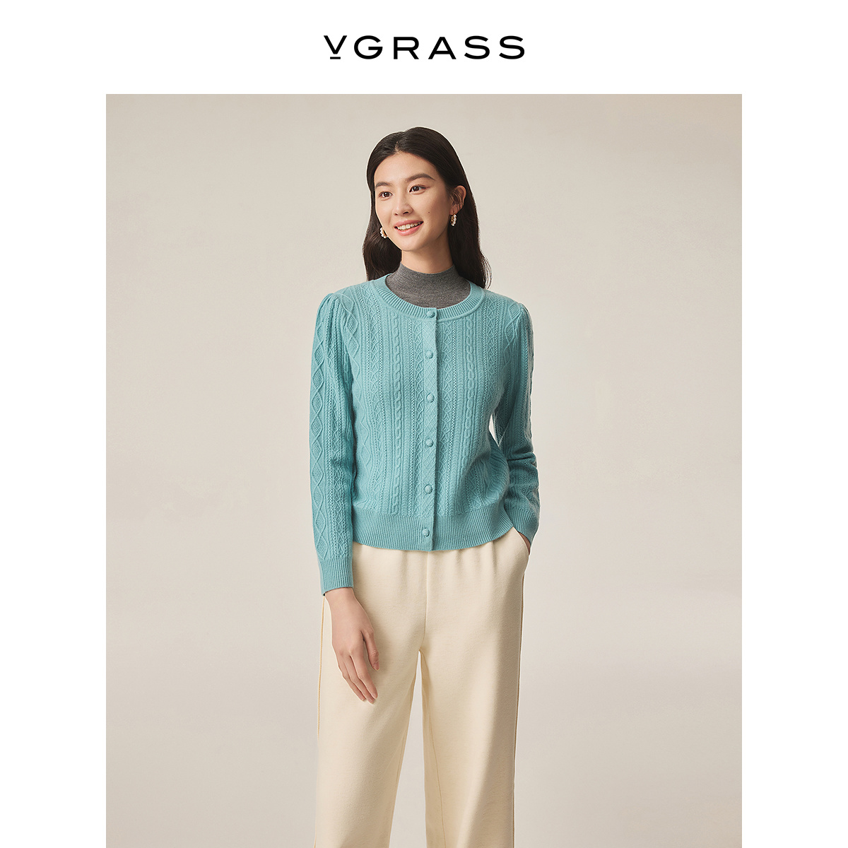 VGRASS100%山羊绒立体绞花针织衫