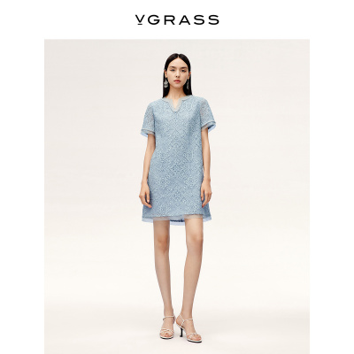 VGRASS欧根纱镶拼层次蕾丝连衣裙
