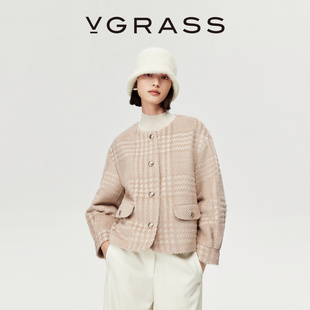 意大利进口复古格纹羊驼毛混纺短大衣 VGRASS25冬新款 皇室婴驼