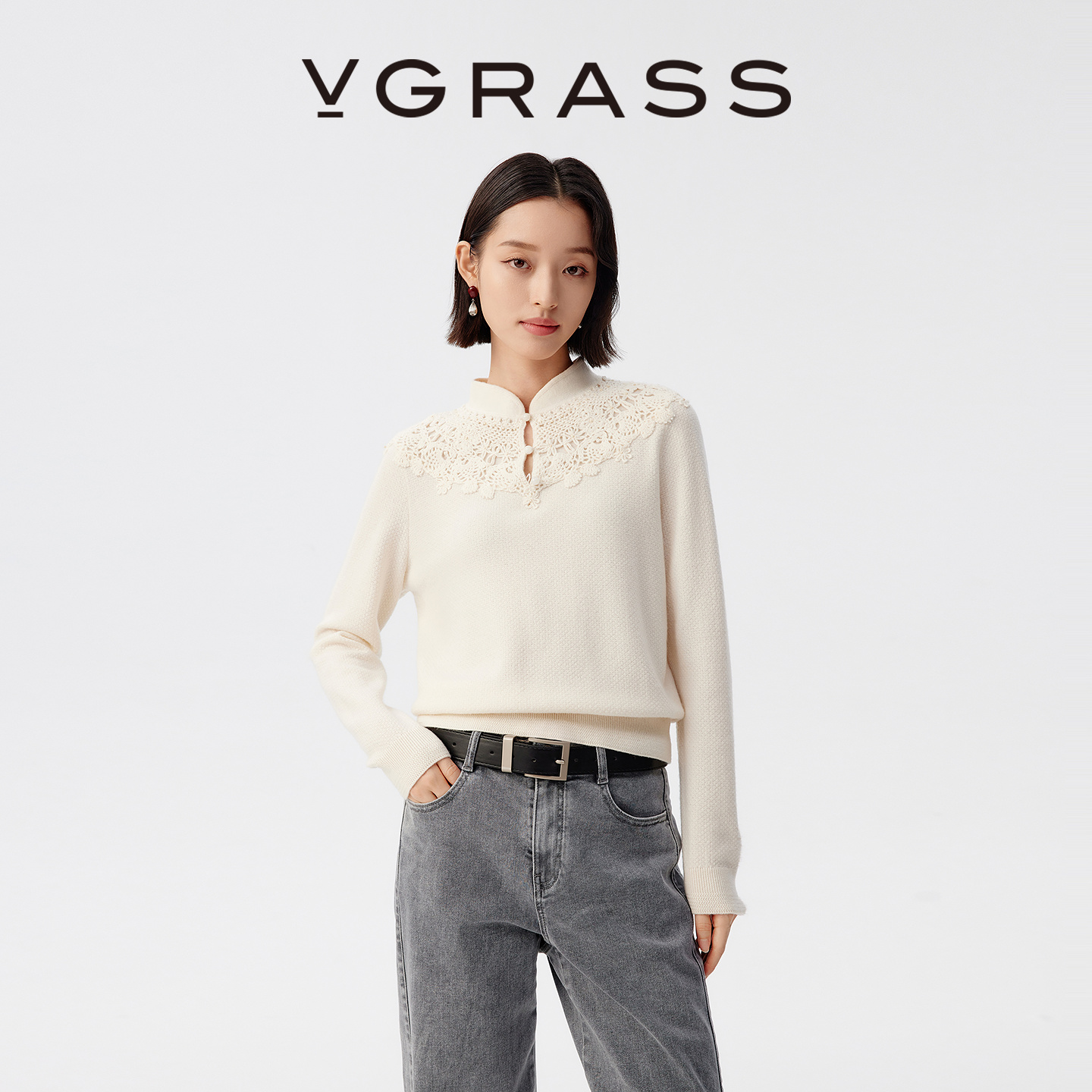 VGRASS羊毛羊绒工艺刺绣针织衫