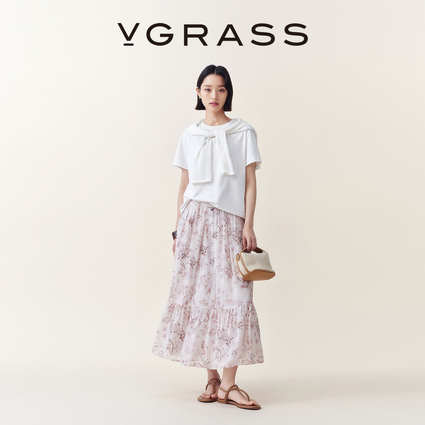 VGRASS维格娜丝26夏季新品海岛度假真丝乔其印花A字粉色半身裙