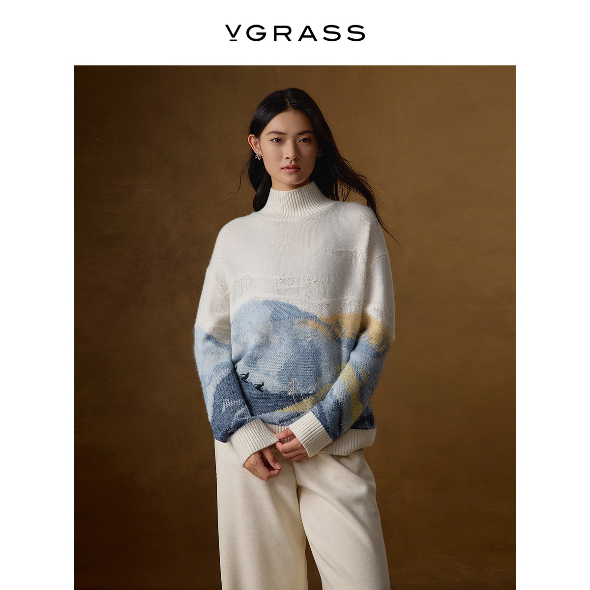 VGRASS羊绒羊毛马海毛罗纹针织衫