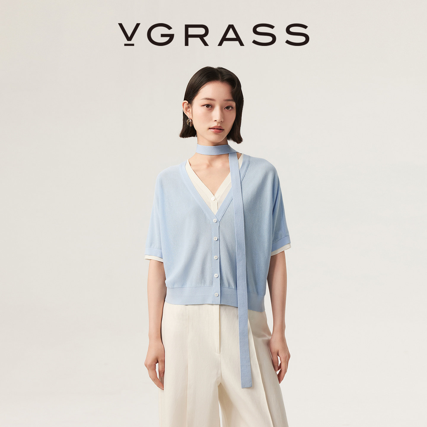 VGRASS维格娜丝26夏季新品撞色假两件含围巾V领针织套头衫女